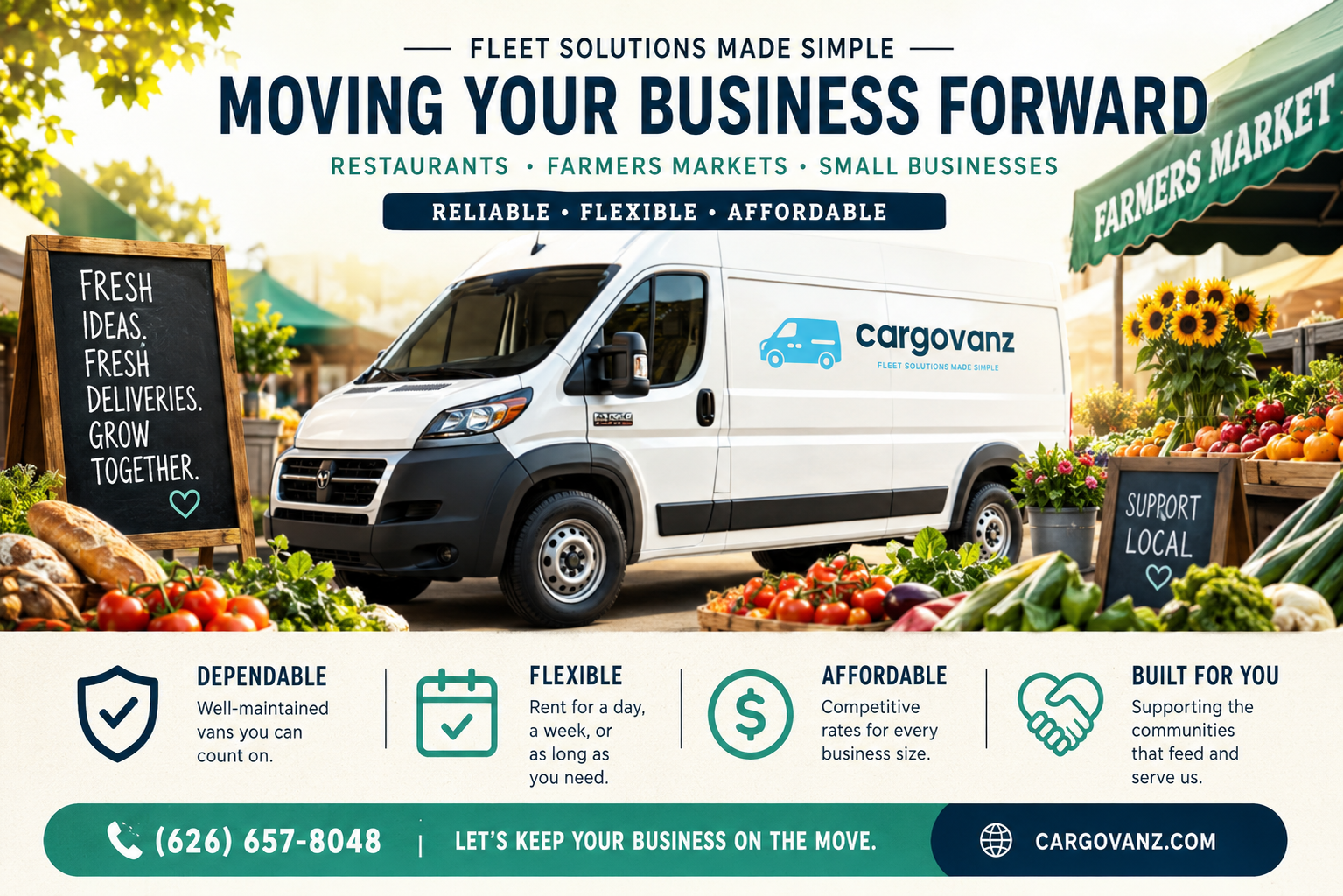 CargoVanz Ram ProMaster at a farmers market — fleet solutions for LA restaurants, caterers, and small businesses